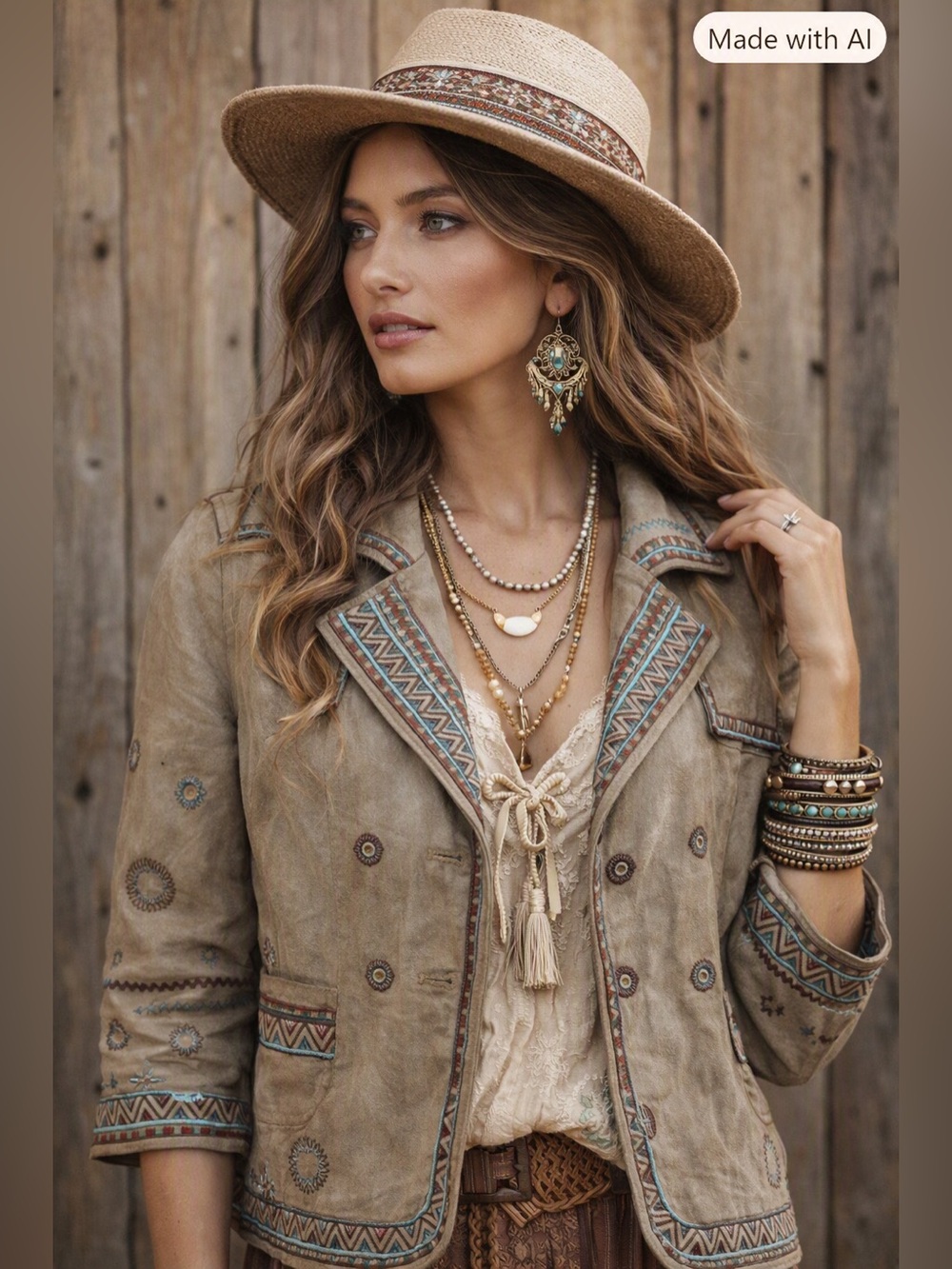 Coldwater Creek Green Faux Suede Boho Embroidered Blazer